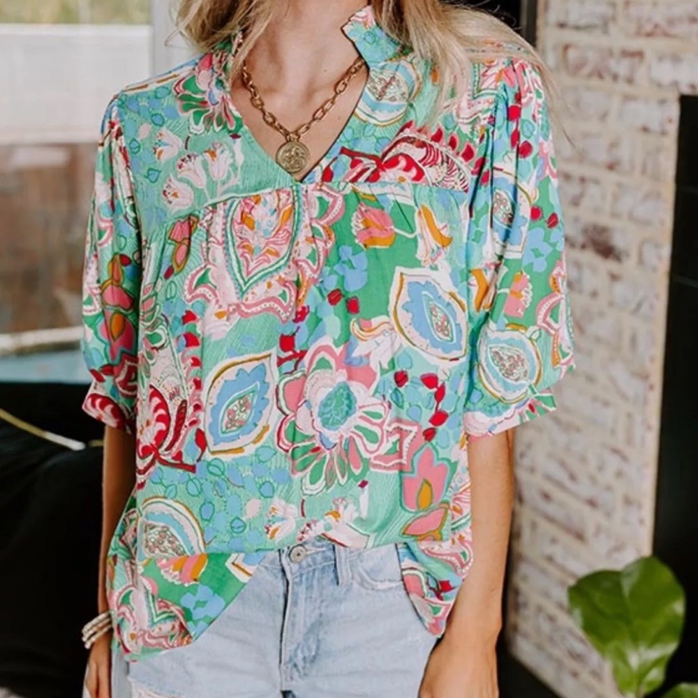 UMGEE Blouse Small Aqua Green Floral Oversized Short Balloon Sleeves SPRING NWT